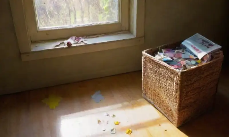 Una mesa de trabajo desordenada y cálida refleja creatividad y sostenibilidad con materiales diversos y luminosos