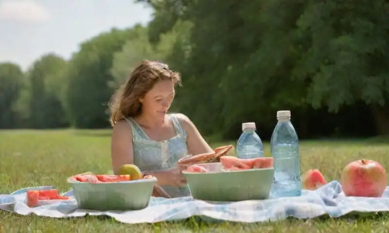 Una tarde soleada con una familia haciendo un picnic en un parque, rodeada de naturaleza, risas de niños y un reciclaje activo