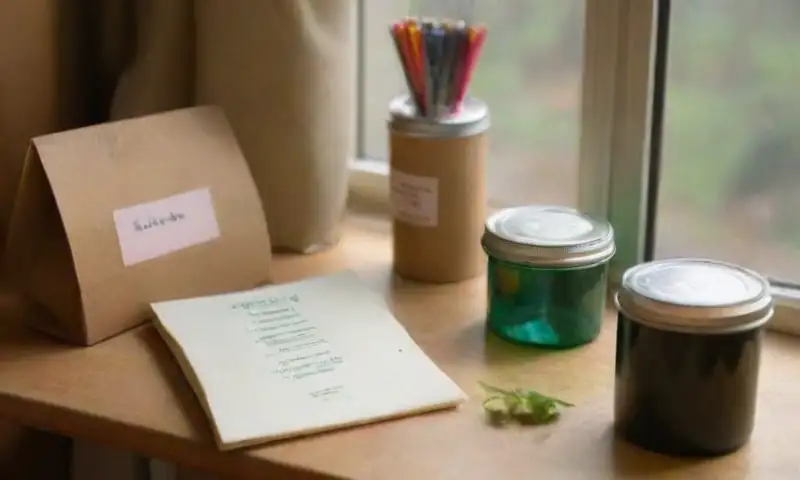 Una mesa desordenada con diversos objetos reciclables y luz solar que ilumina el entorno mientras alguien clasifica los materiales