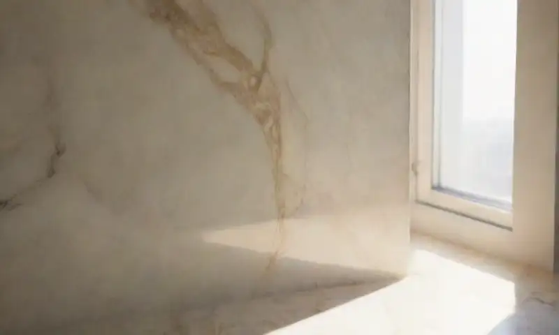 Una superficie de mármol pulido y brillante refleja la luz con vetas blancas en tonos gris profundo