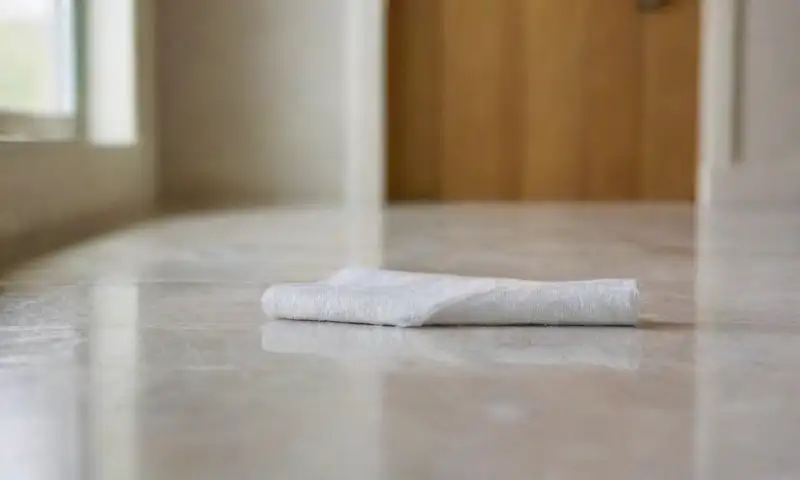 Una superficie de mármol pulido y reflectante con vetas sutiles, iluminada por la luz natural, mientras un mano sostiene un paño de microfibra junto a productos de limpieza en un ambiente acogedor
