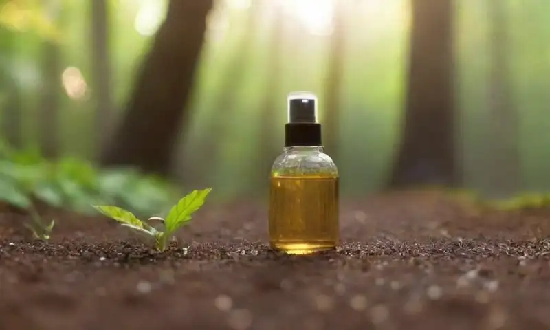 Un jardín sereno con hojas verdes brillantes, flores blancas y un mano sosteniendo una botella de spray