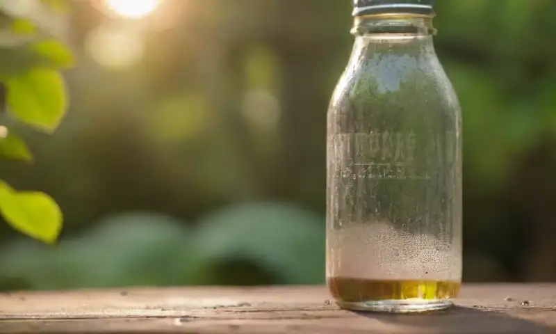 Una imagen serena de hojas verdes brillantes con gotas de agua, un frasco de aceite de neem, y un ambiente de jardín acogedor
