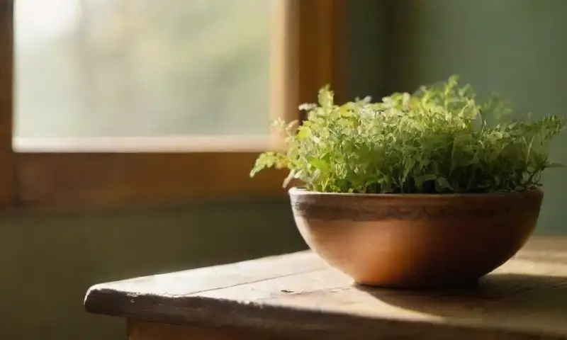 Una mesa de madera rústica refleja la luz del sol entre hojas