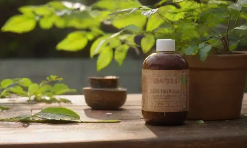 Un vibrante paisaje de hojas verdes, gotas de agua, luz filtrada y herramientas de jardín crea un ambiente sereno y natural