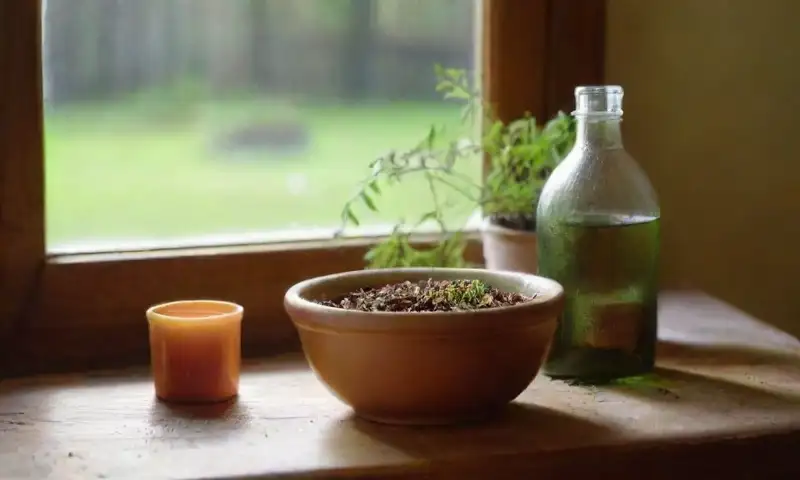 Una mesa de madera rústica con herramientas de jardinería, productos de cultivo y plantas vibrantes iluminadas por la luz del sol