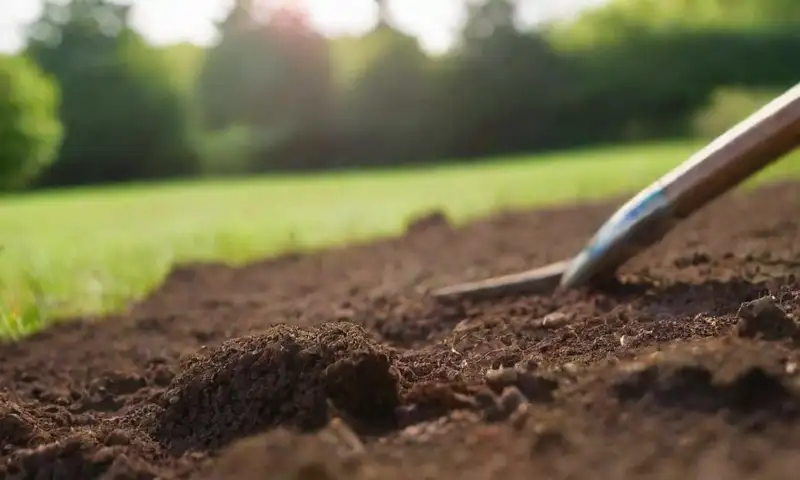 Un jardín vibrante y detallado con flores, herramientas de trabajo y vida silvestre, creando una atmósfera tranquila y armónica