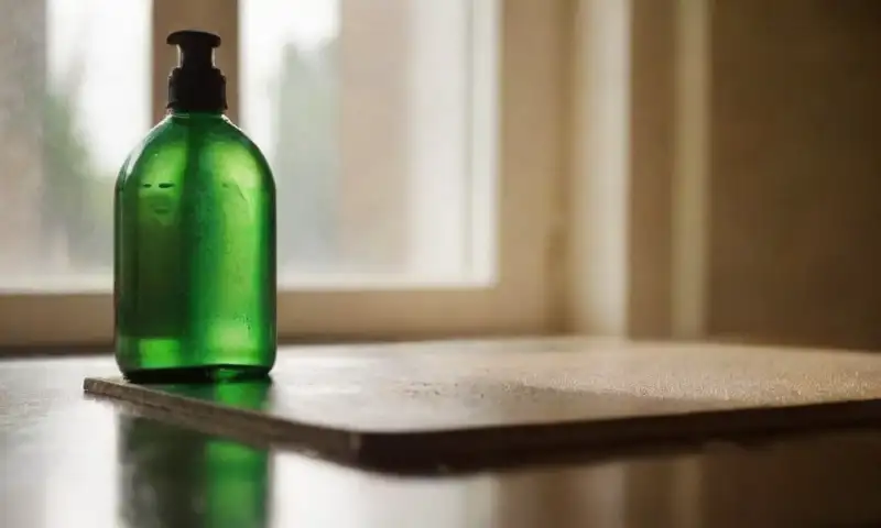 Una cocina desordenada iluminada por la luz del sol, con productos de limpieza y herramientas dispersas que sugieren actividad reciente