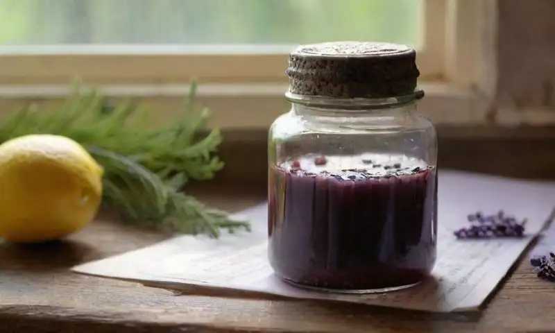 Una mesa de madera rústica, rodeada de plantas verdes, muestra aceites esenciales y un tarro de alcohol, con un ambiente cálido y acogedor, lleno de detalles y aromas frescos