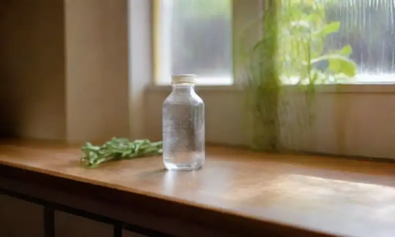 Una cocina iluminada por la luz natural, con una botella de spray, un taza medidora, una cuchara en un líquido burbujeante, granos de sal y pimienta esparcidos, y un ambiente cálido y acogedor