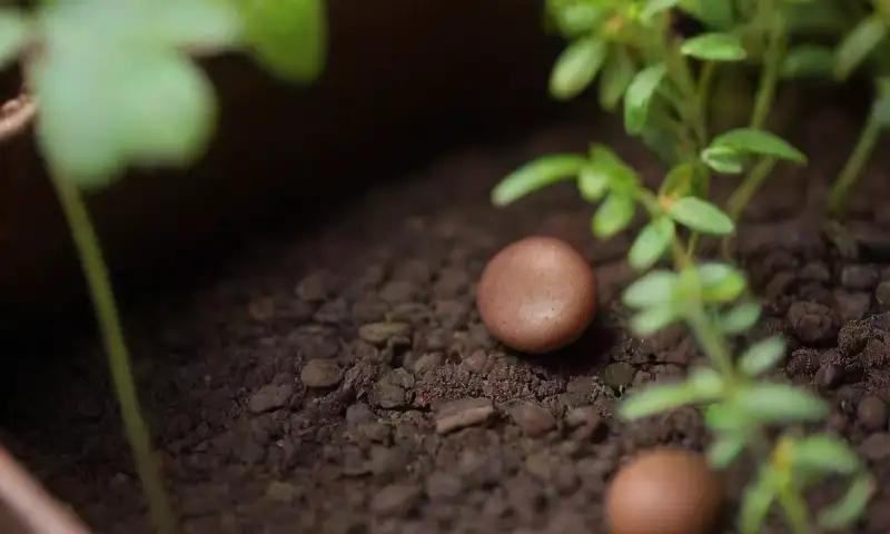 Un primer plano de una mezcla de tierra rica en tonos oscuros, con raíces de plantas, musgo verde y una pala pequeña, que evoca una atmósfera orgánica de crecimiento