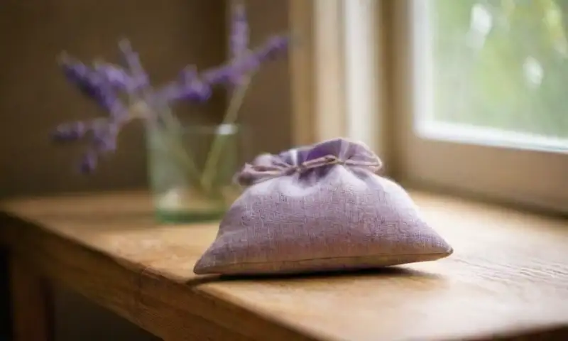 Sacos aromáticos hechos a mano en lino pastel, con flores y lavanda, presentan un encanto rústico y un aroma fresco