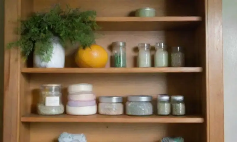 Una puerta de madera rústica entreabierta revela estantes ordenados con sachets de aromatizantes, flores secas y un ambiente acogedor