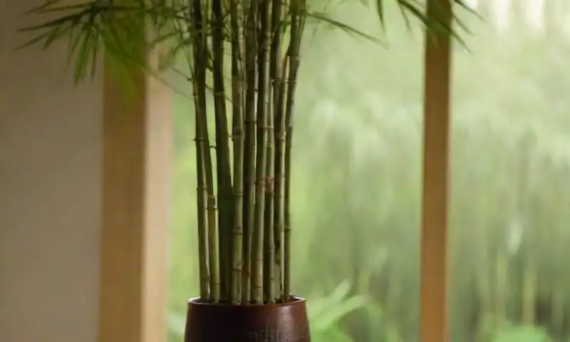 Bambús delicados en un jarrón de vidrio reflejan luz suave y destacan en una atmósfera serena