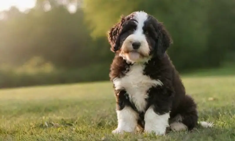 Un parque vibrante con cachorros Bernedoodle juguetones y curiosos, rodeados de dueños de mascotas en un ambiente sereno y soleado