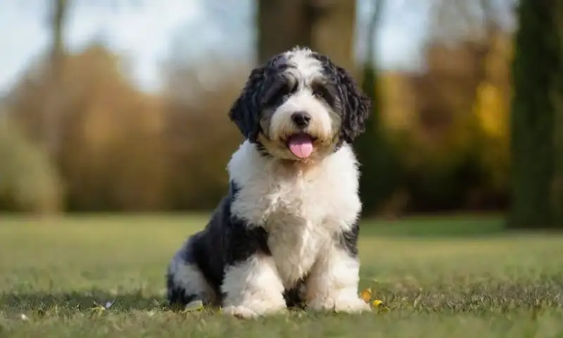 Un Bernedoodle esponjoso y un mini Bernedoodle descansan en un césped suave bajo la luz del sol