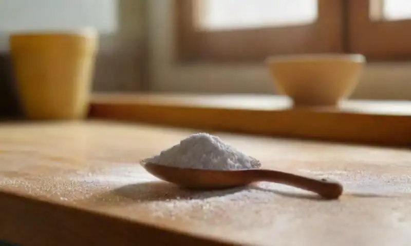 Una cocina luminosa con bicarbonato esparcido, un tazón de agua, una tabla de madera y un ambiente acogedor