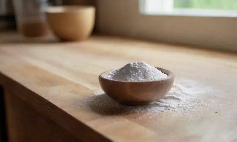 Una cocina limpia y acogedora destaca un mostrador de madera iluminado por la luz del sol, con harina, bicarbonato y una cuchara de madera, creando un ambiente tranquilo y ordenado