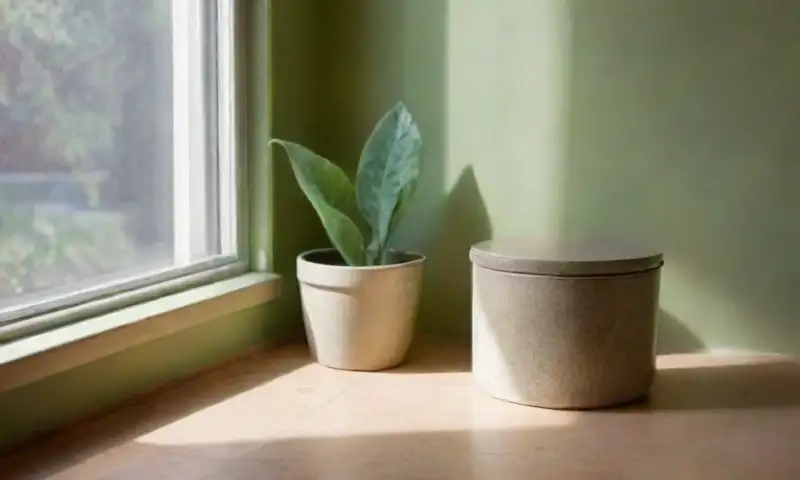 Una cocina iluminada por la mañana muestra un countertop con bicarbonato y agua, un bowl pastel, una planta verde, y un gato curioso en un ambiente acogedor