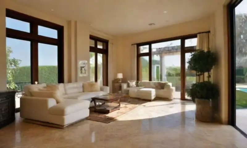 Una lujosa y espaciosa propiedad exterior e interiormente elegante, con amplios ventanales, jardines cuidados, y sofisticados detalles en cada rincón