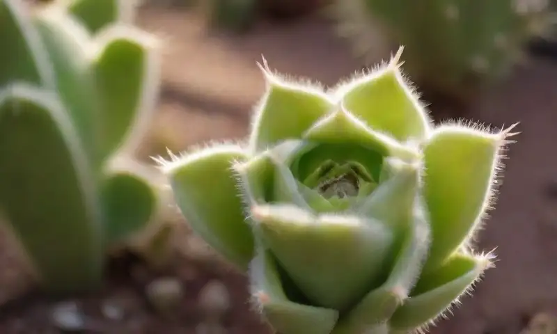 Un pequeño cactus blanco con superficie arrugada y espinas brillantes, rodeado de suculentas verdes, crea una armoniosa escena natural