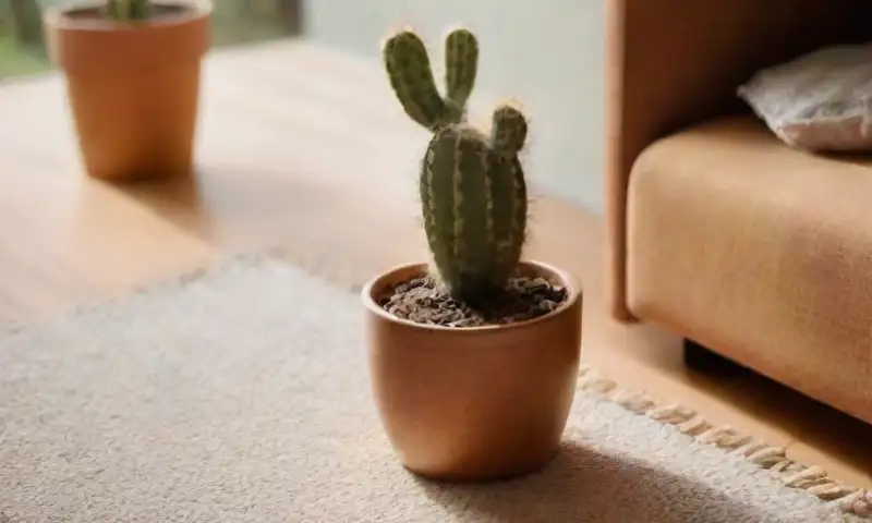 Una acogedora sala de estar iluminada por la luz natural que resalta cacti en una ventana, suelos de madera y un ambiente tranquilo