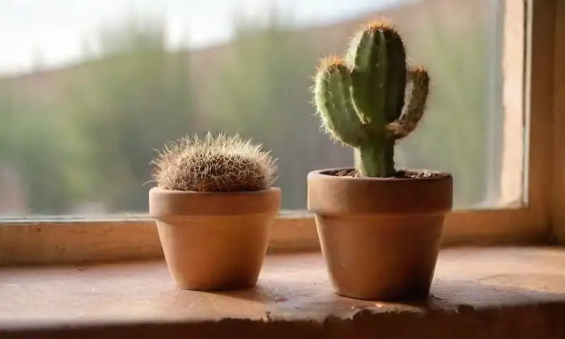Un cactus envejecido en una maceta de terracota ligera emana calidez, con luces y sombras que resaltan su textura y un ambiente prometedor de renovación