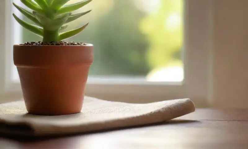 Una escena iluminada por el sol con una mesa de madera robusta, un macetero de terracota y una suculenta verde que transmite tranquilidad