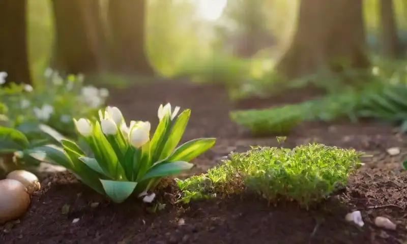 Un jardín iluminado por el sol, con plantas verdes, flores amarillas y blancas, y cáscaras de huevo esparcidas en la tierra, crea una escena de crecimiento natural y armonía