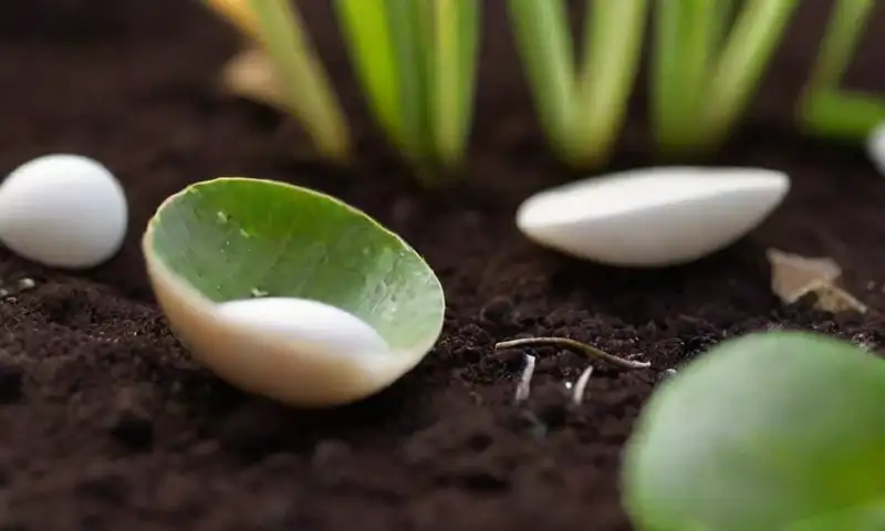 Un jardín verde y vibrante con suelo iluminado, fragmentos de cáscaras de huevo y vegetales saludables crea una composición armoniosa y natural