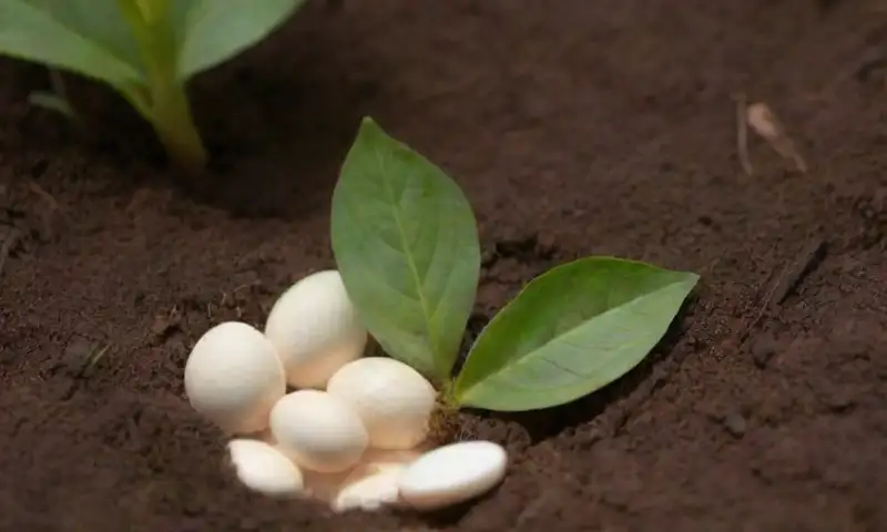 Un primer plano de cáscaras de huevo trituradas sobre suelo oscuro y húmedo, con brotes verdes y un fondo de maceta de terracota iluminada por la luz del sol