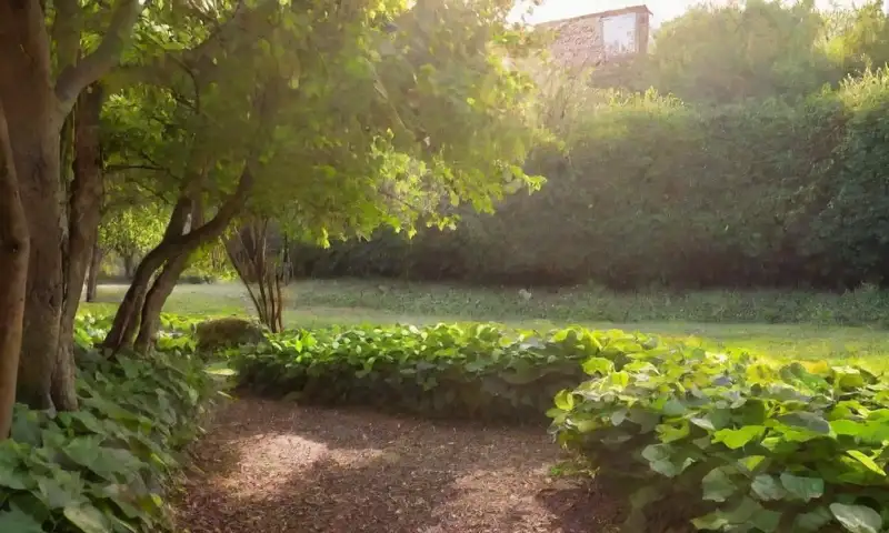 Vides de chayote verdes trepan por enrejados de madera, con hojas brillantes y flores que atraen a polinizadores, todo en un jardín soleado que evoca crecimiento y abundancia natural