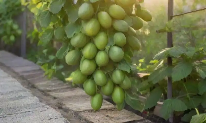 Un exuberante jardín de chayotes con viñas verdes trepando un robusto enrejado bajo la cálida luz del sol