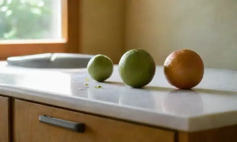 Una cocina soleada con un suave mármol, guayabas frescas, un cuchillo reluciente y una pasta de guayaba dorada crea un ambiente cálido y hogareño