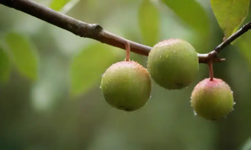 Un árbol de guayaba con hojas brillantes y frutas maduras se destaca en un entorno iluminado y detallado