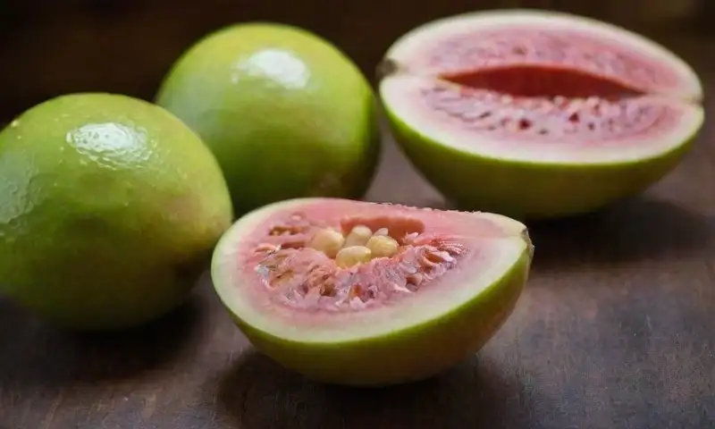 Una guayaba madura resplandeciente sobre una mesa de madera rústica, acompañada de un cuchillo y un tazón con semillas trituradas, con un jardín desenfocado al fondo