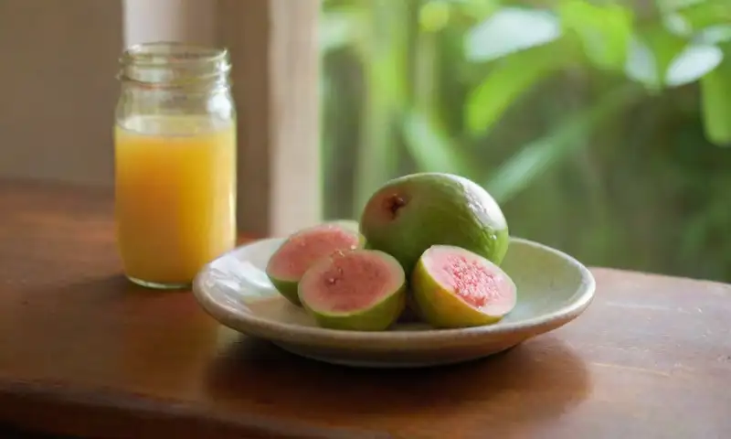 Una mesa rústica de madera con guavas en varios tonos y una atmósfera fresca y natural