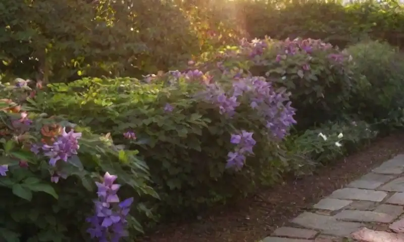 Un jardín vibrante con luz matutina, sombras suaves y flores en tonos púrpura y blanco que crean una atmósfera armoniosa