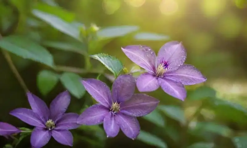 Flores de clemátide moradas vibrantes rodeadas de follaje verde brillante y suaves sombras bajo la luz del sol