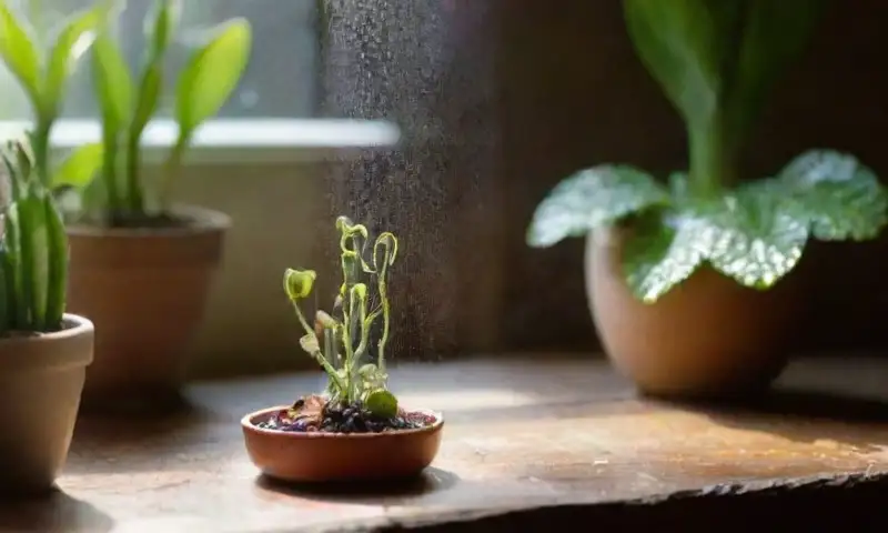 Un jardín interior iluminado con hojas verdes brillantes, suculentas, diminutas cochinillas y herramientas de jardinería sobre una mesa rústica