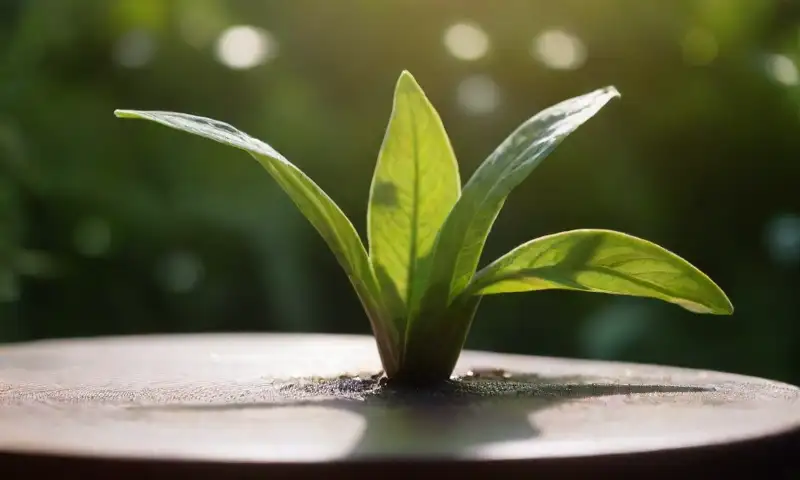 Una planta verde saludable con cochinillas y un pesticida casero sobre una mesa de madera en un entorno de jardinería