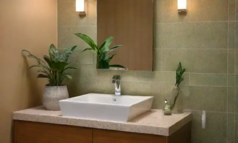 Baño iluminado y acogedor con tonos tierra, plantas vibrantes y detalles en armonía que invitan a la relajación