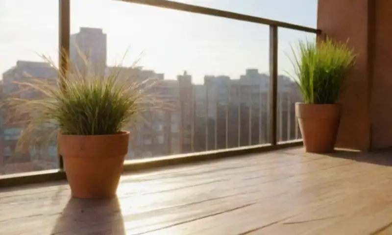 Un balcón soleado combina plumas de pájaros, metal brillante, sombras marcadas, plantas verdes y un cielo azul con nubes