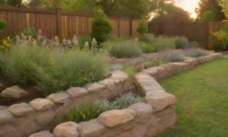 Un jardín vibrante y natural con un paisaje lleno de hierba verde, flores coloridas y detalles rústicos, todo iluminado por una luz dorada y poblado de vida silvestre