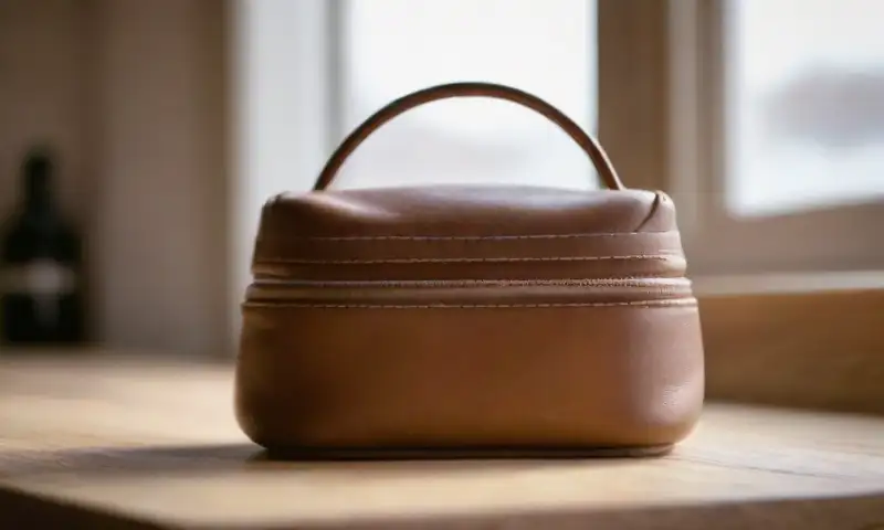 Una bolsa de cuero desgastada sobre una mesa de madera clara, iluminada por luz natural, con un frasco de crema y dedos aplicándola en un ambiente acogedor