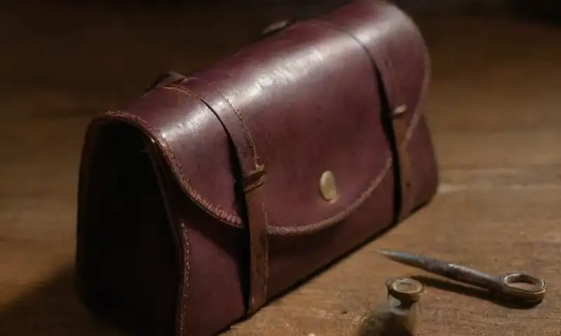 Un bolso de cuero desgastado descansa sobre una mesa de madera, resaltando su textura en un ambiente cálido y acogedor