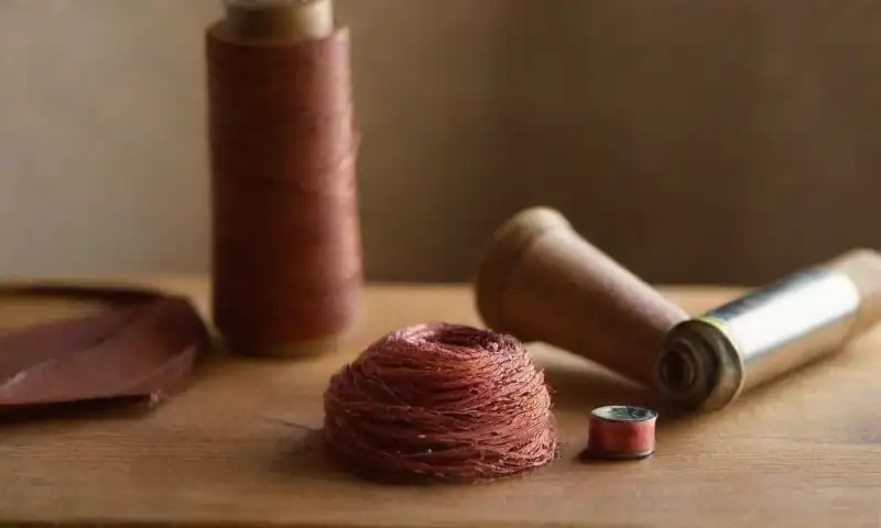 Un acogedor espacio de trabajo artesanal con una mesa de madera, herramientas de costura y una bolsa de cuero desgastada, todo iluminado por la suave luz de la tarde