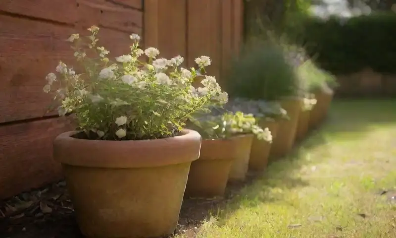 Un jardín soleado y vibrante con plantas verdes, flores blancas, árboles, piedras, un cercado de madera, herramientas de jardín, hierbas, y un conejo entre arbustos, todo en una atmósfera serena