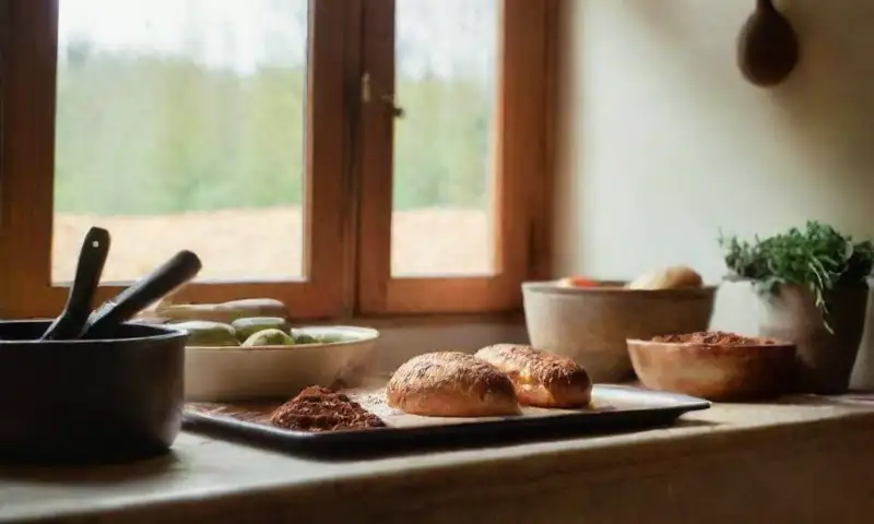 Una cocina rústica iluminada por el sol, con especias en frascos de vidrio, ingredientes frescos en la encimera y un pan dorado en el horno