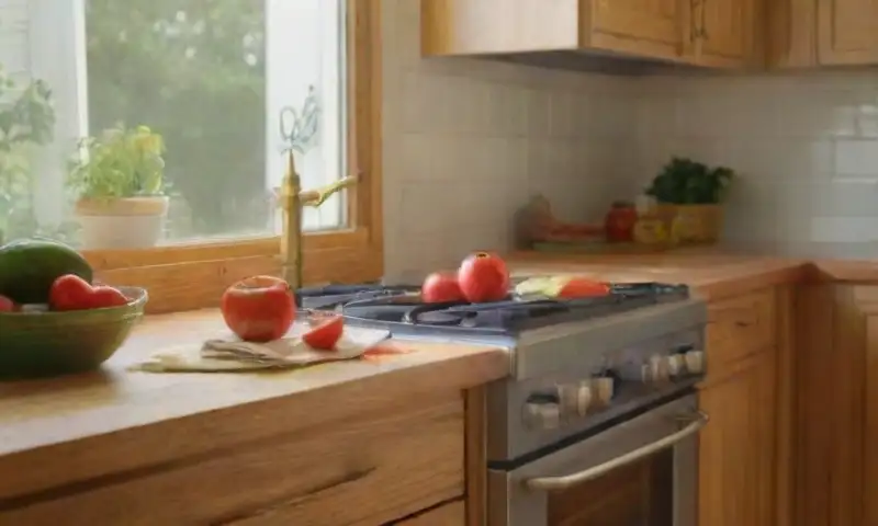 Una cocina cálida y acogedora, iluminada por el sol, muestra un horno ordenado con un pollo asado y verduras frescas, creando un ambiente de tranquilidad hogareña